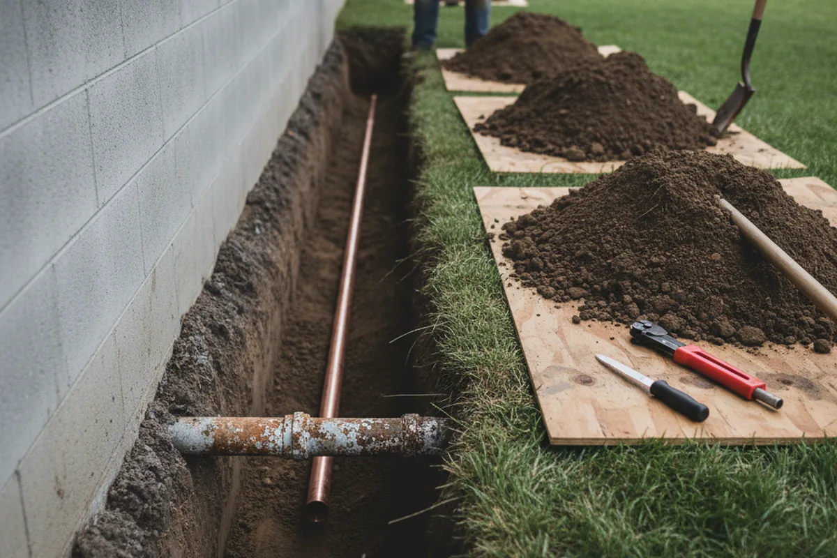 Excavated water line trench during Water Heater Repair in Helix